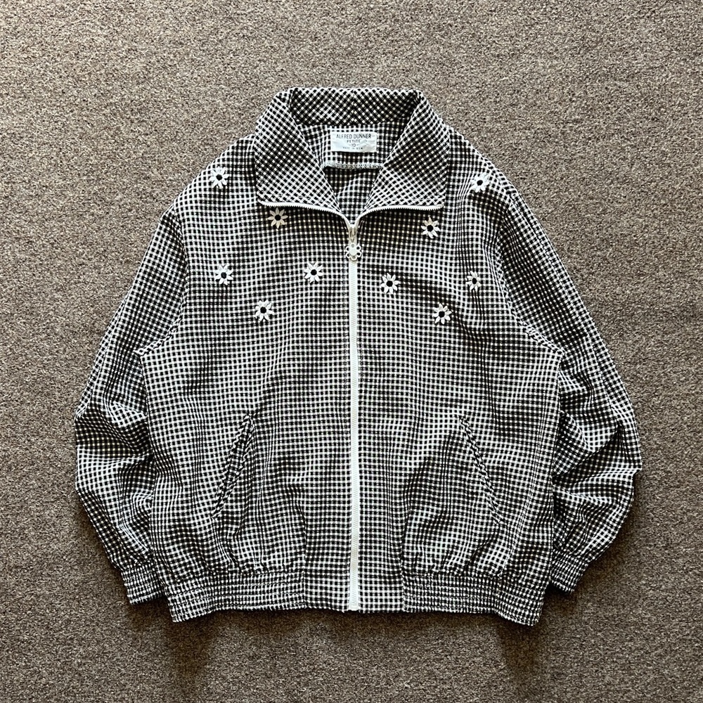 Vintage Zip Up Bomber Jacket Black White Gingham Flowers Lightweight Womens 10 - Picture 2 of 13